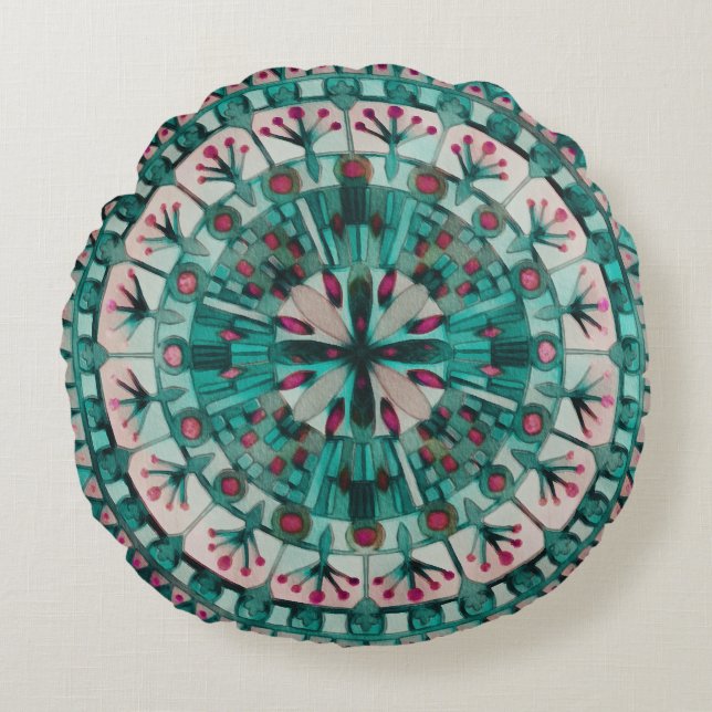 Boho Mosaic Tile Teal Ocean -  Round Pillow (Front)