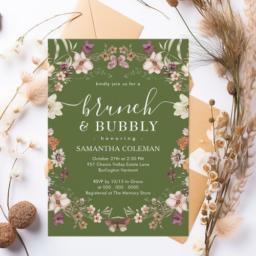 Boho Moss Green Brunch and Bubbly Bridal Shower Invitation