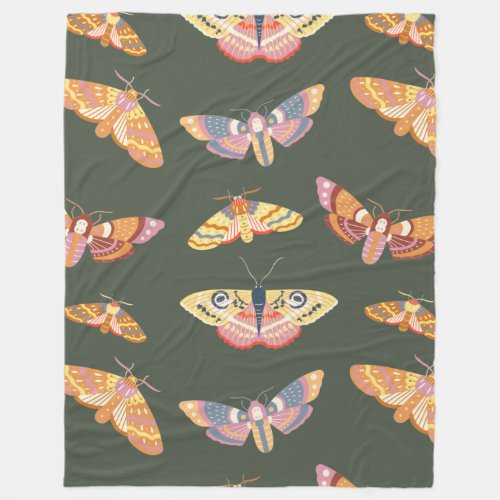 Boho Moths Butterflies on Green Botanical Eclectic Fleece Blanket