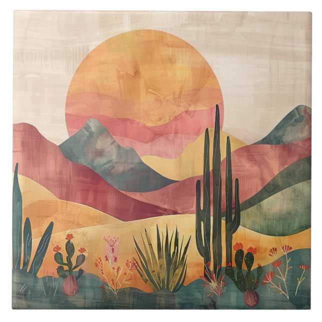 Boho Mountain Abstract  Ceramic Tile (Front)