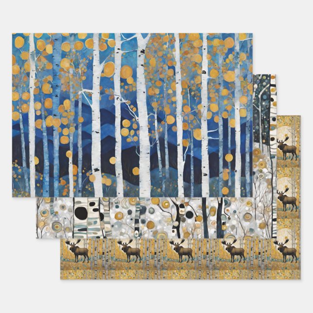 Boho Mountain Aspen Tree Scenes  Wrapping Paper Sheets (Set)