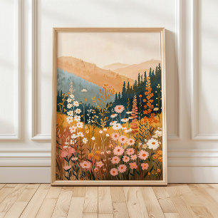 Boho Mountain Daisy Wildflower Landscape 18x24"  Poster