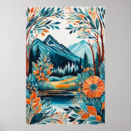 Boho Mountain Floral Forest Aesthetic Lake Trees Poster