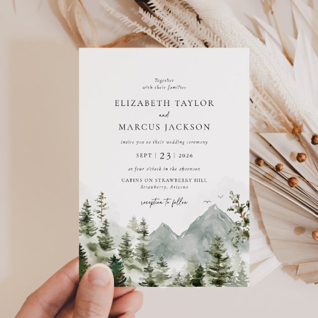 Boho Mountain Forest Evergreen Elegant Wedding Invitation (Front)