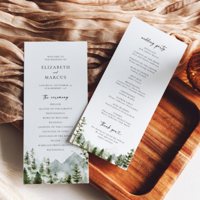 Boho Mountain Forest Pine Tree Elegant Wedding Program (Front/Back)