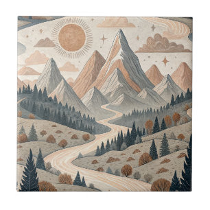 Boho Mountain River Abstract Landscape Pattern Art Ceramic Tile