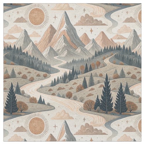 Boho Mountain River Abstract Landscape Pattern Art Fabric