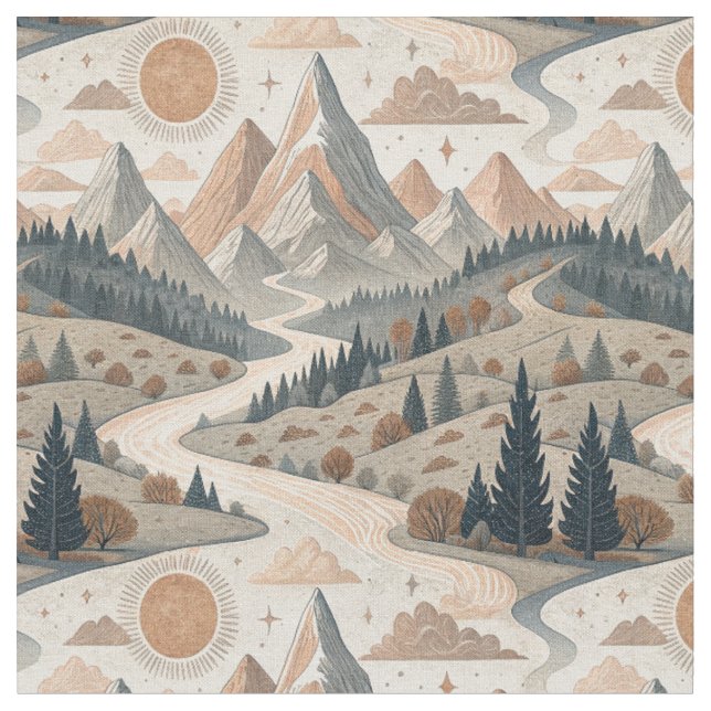 Boho Mountain River Abstract Landscape Pattern Art Fabric (Close Up)