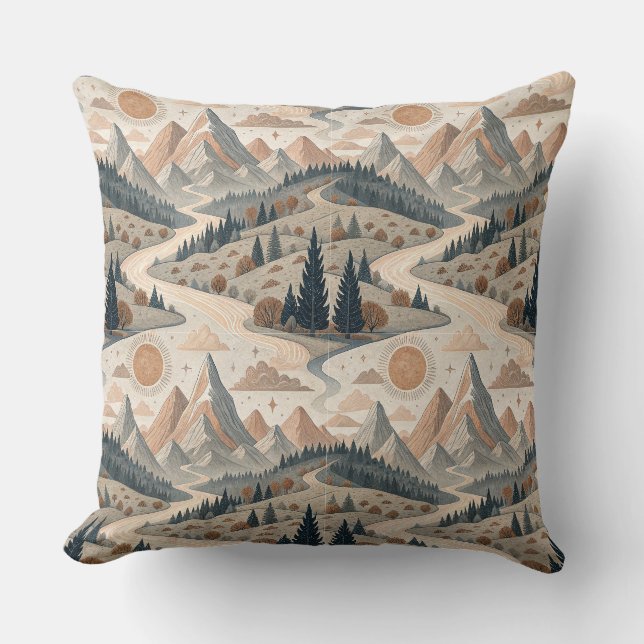 Boho Mountain River Abstract Landscape Pattern Art Throw Pillow (Front)