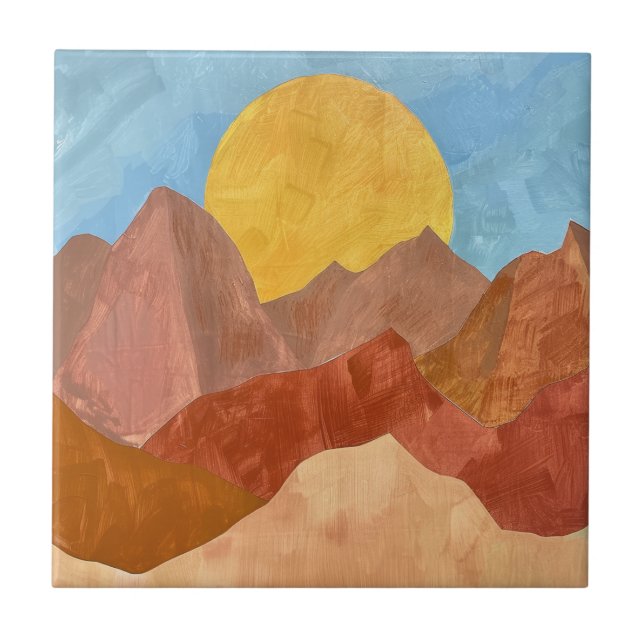 Boho Mountain Sunset – Warm Earth Tone Landscape Ceramic Tile (Front)