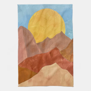 Boho Mountain Sunset – Warm Earth Tone Landscape Kitchen Towel