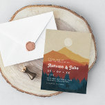 Boho Mountains and Forest 1970's Retro Wedding Invitation<br><div class="desc">A trendy 1970's retro style wedding invitation for your mountain or forest wedding. This design features a subtly distressed illustration of a mountain and forest landscape in yellow,  orange,  and navy blue ombre effect,  overlaid with your wedding details in white retro font.</div>