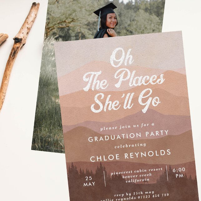 Boho Mountains Oh the Places She'll Go Graduation Invitation (Creator Uploaded)