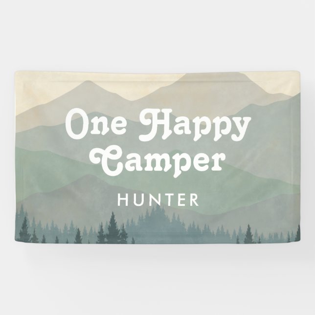 Boho Mountains One Happy Camper Boys 1st Birthday Banner (Horizontal)