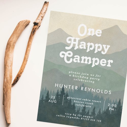 Boho Mountains One Happy Camper Boys 1st Birthday Invitation