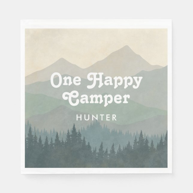 Boho Mountains One Happy Camper Boys 1st Birthday Napkins (Front)