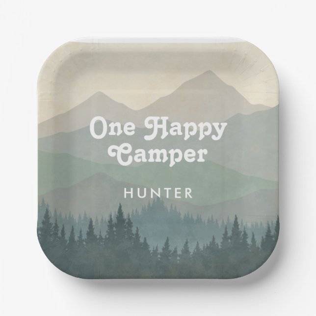 Boho Mountains One Happy Camper Boys 1st Birthday Paper Plates (Front)