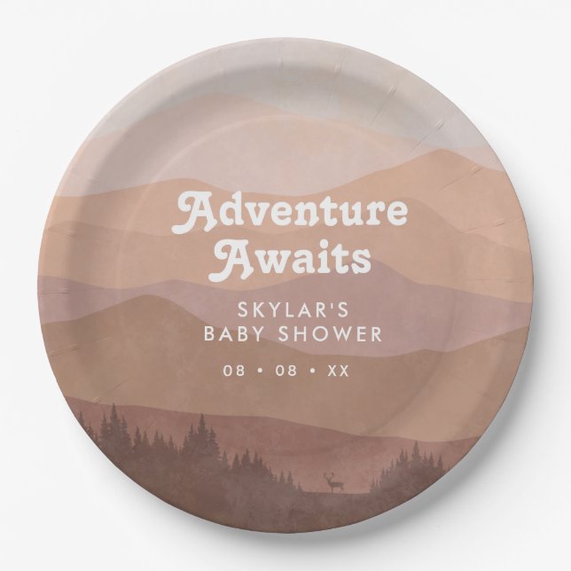 Boho Mountains Retro Pink Baby Shower Paper Plates (Front)