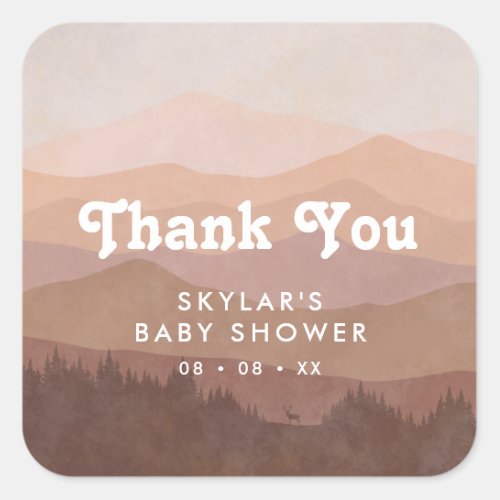 Boho Mountains Retro Pink Baby Shower Thank You Square Sticker