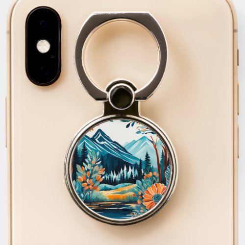 Boho Mountains Trees Forest Nature Watercolor Art Phone Ring Stand