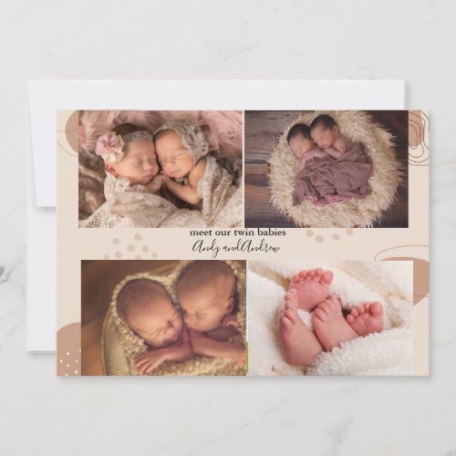 Boho Multi Photo Twin Baby Birth Announcement