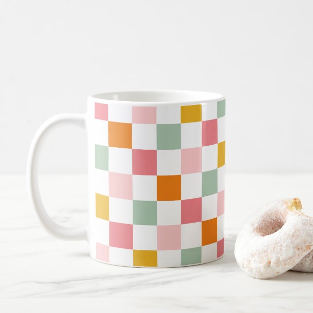 Boho Multicolor Checkerboard Coffee Mug (With Donut)