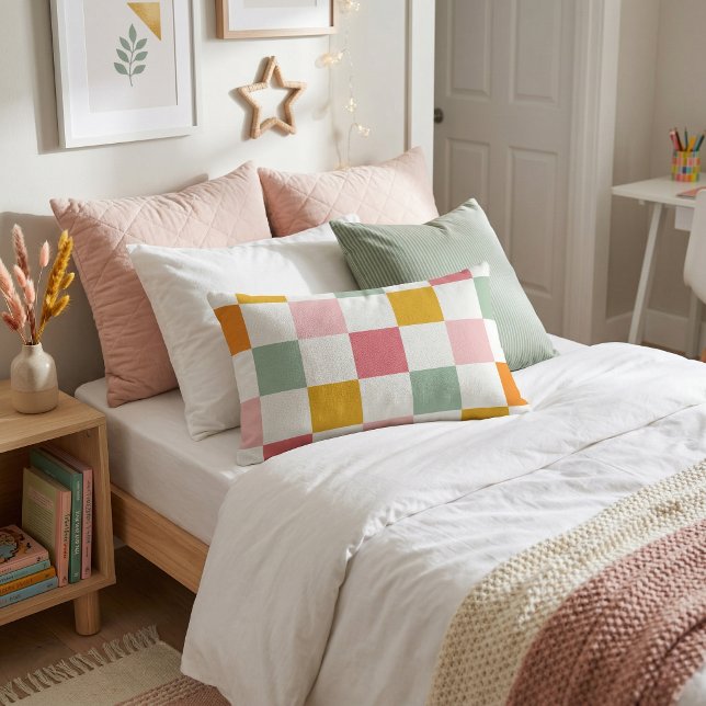 Boho Multicolor Checkerboard Lumbar Pillow (Creator Uploaded)