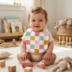 Boho Multicolor Checkerboard Monogram Baby Bib