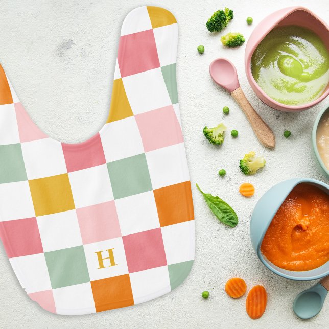 Boho Multicolor Checkerboard Monogram Baby Bib (Creator Uploaded)