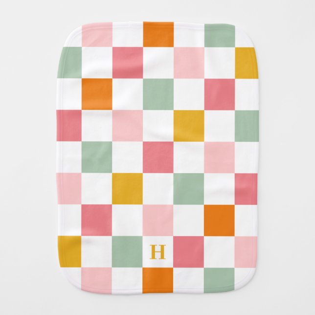 Boho Multicolor Checkerboard Monogram Baby Burp Cloth (Front)