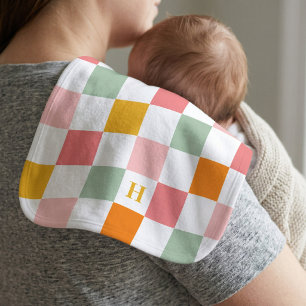 Boho Multicolor Checkerboard Monogram Baby Burp Cloth