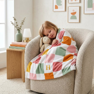 Boho Multicolor Checkerboard Monogram Fleece Blanket