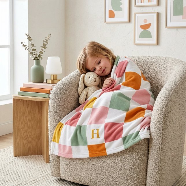 Boho Multicolor Checkerboard Monogram Fleece Blanket (Creator Uploaded)