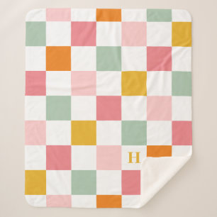 Boho Multicolor Checkerboard Monogram Sherpa Blanket