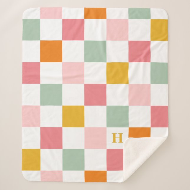 Boho Multicolor Checkerboard Monogram Sherpa Blanket (Front)