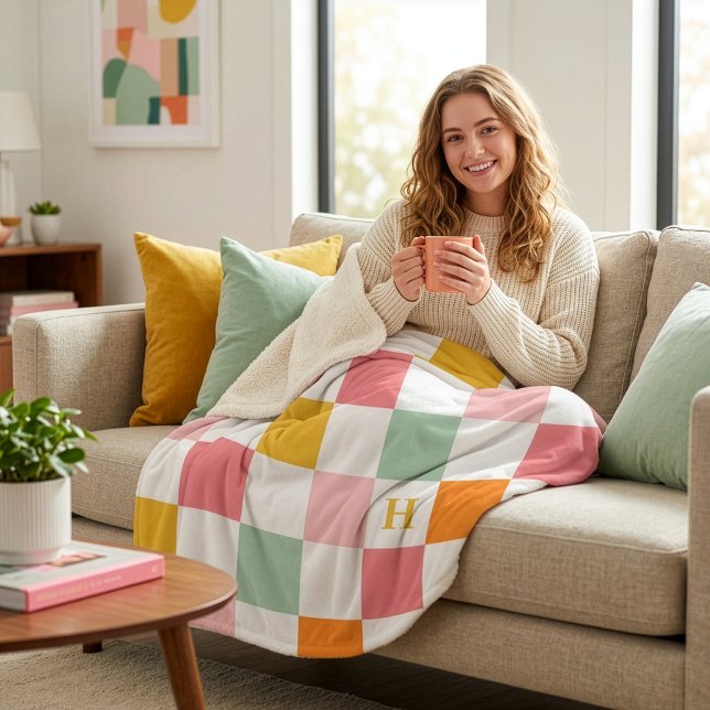 Boho Multicolor Checkerboard Monogram Sherpa Blanket (Creator Uploaded)
