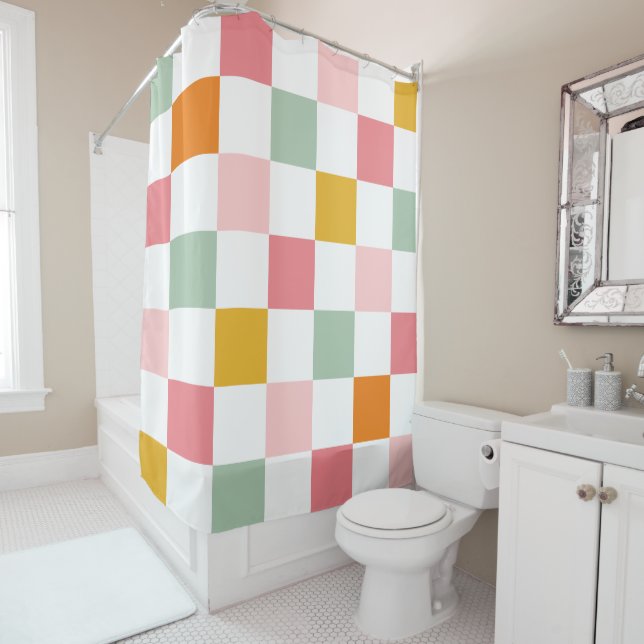 Boho Multicolor Checkerboard Shower Curtain (In Situ)