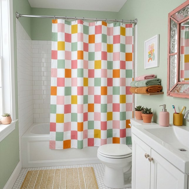 Boho Multicolor Checkerboard Shower Curtain (Creator Uploaded)