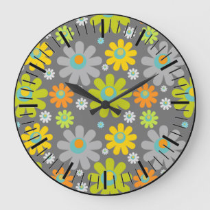 Boho Multicolor Daisies On Gray Large Clock