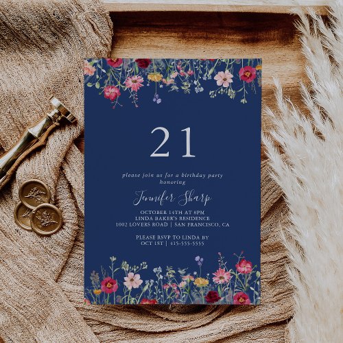 Boho Multicolor Wildflower 21st Birthday Party Invitation