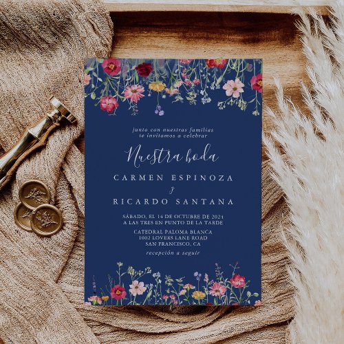 Boho Multicolor Wildflower Nuestra Boda Wedding Invitation