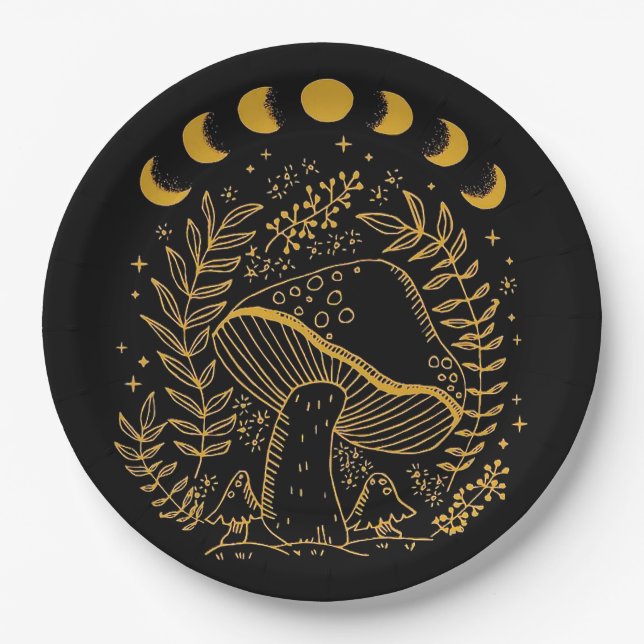 Boho Mushroom, Hippie Mushroom, Mystic Moon Paper Plates (Front)