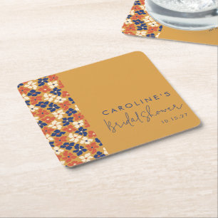 Boho Mustard Blue Botanical Bridal Shower Custom Square Paper Coaster