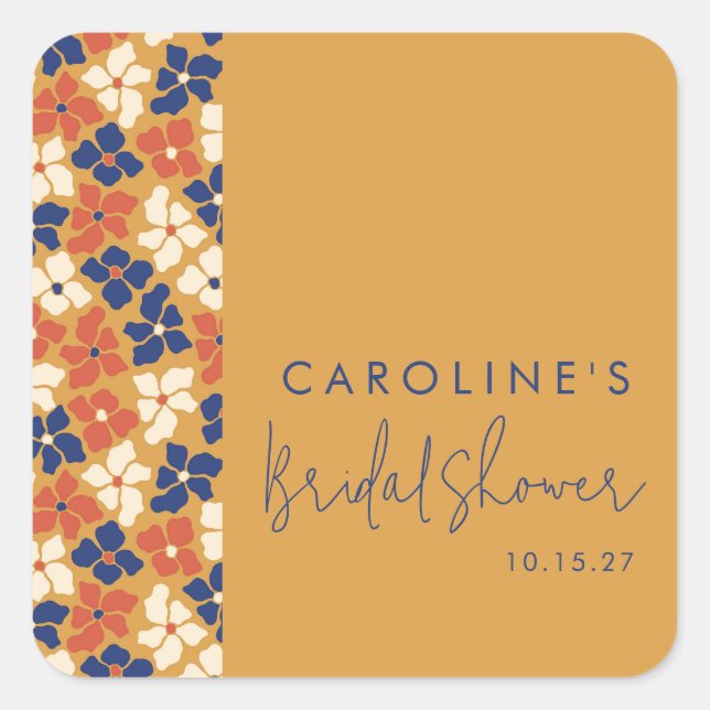 Boho Mustard Blue Botanical Bridal Shower Custom Square Sticker (Front)