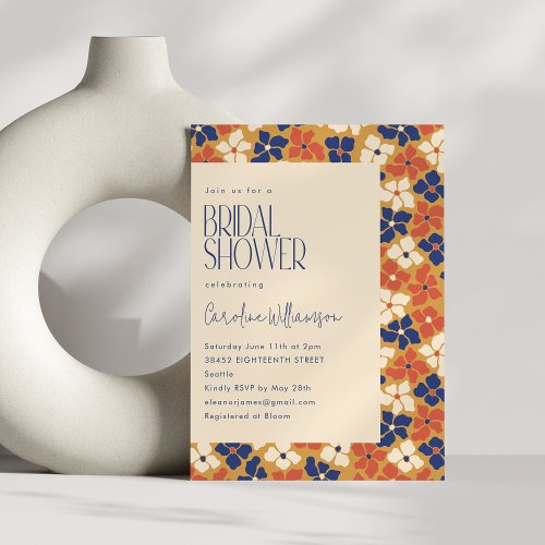 Boho Mustard Blue Floral Botanical Bridal Shower Invitation