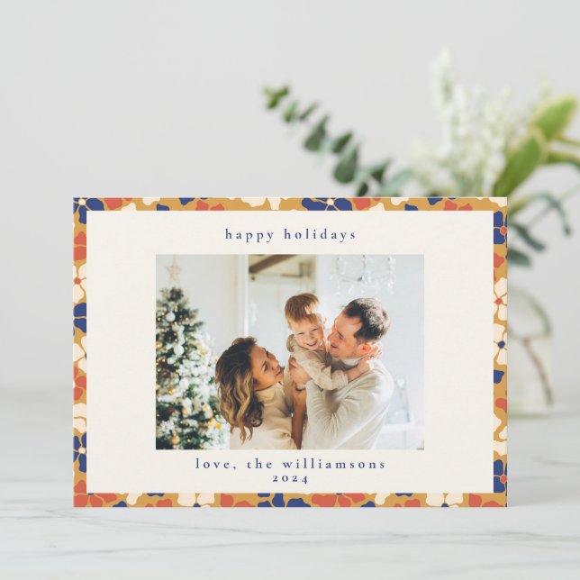 Boho Mustard Blue Floral Botanical Christmas Photo Holiday Card (Standing Front)