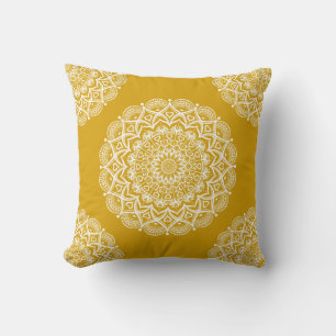 Boho Mustard Yellow Mandala Throw Pillow