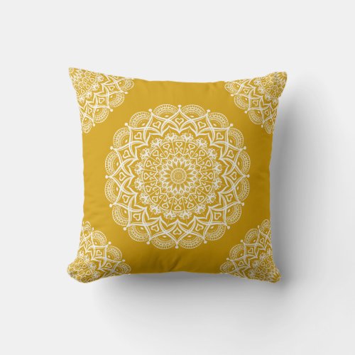 Boho Mustard Yellow Mandala Throw Pillow