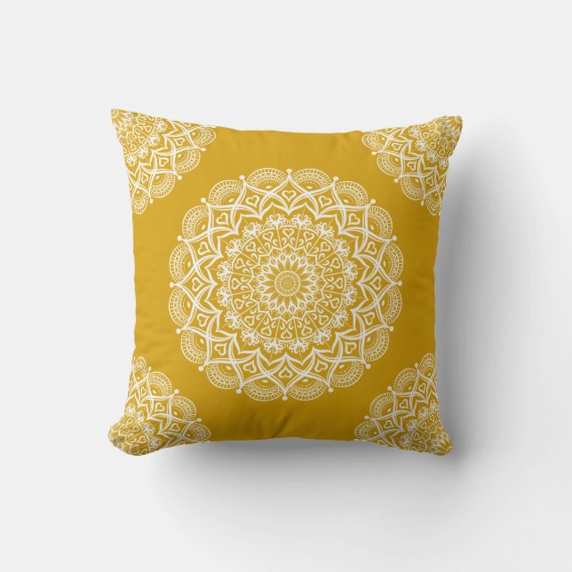 Boho Mustard Yellow Mandala Throw Pillow (Front)