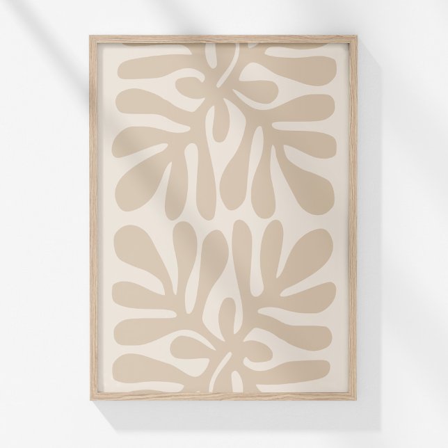 Boho Muted Beige Neutral Botanical Abstract Art Poster (Boho Muted Beige Neutral Botanical Abstract Art Poster in a wooden frame on a sunny white wall.)
